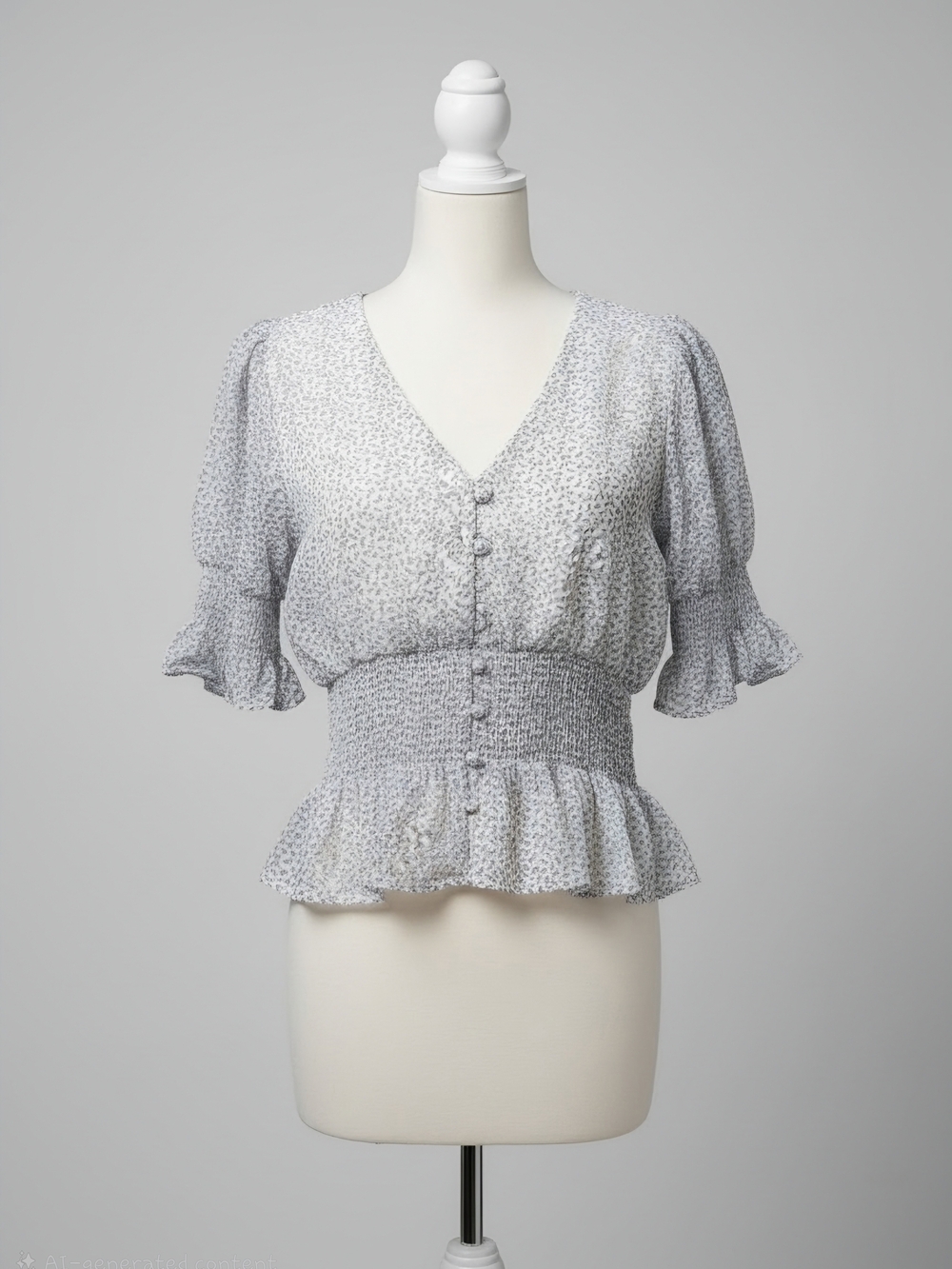 Smocked Peplum V-Neck Blouse in Light Gray Floral